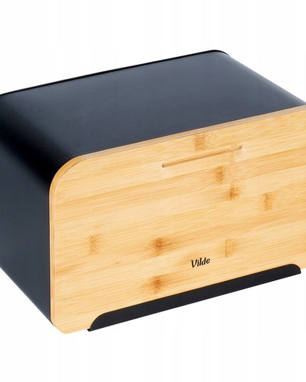 Juoda metalinė medinė duoninė, uždaromas indas duonai ir bandelėms