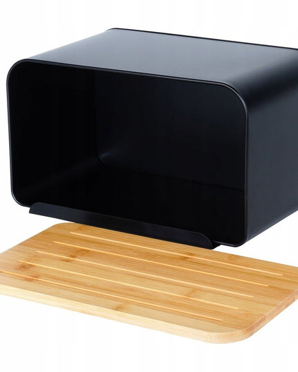 Juoda metalinė medinė duoninė, uždaromas indas duonai ir bandelėms