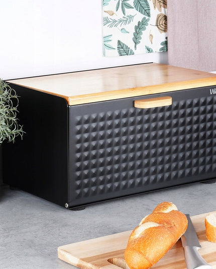 Juoda metalinė medinė duoninė, uždaromas indas duonai ir bandelėms