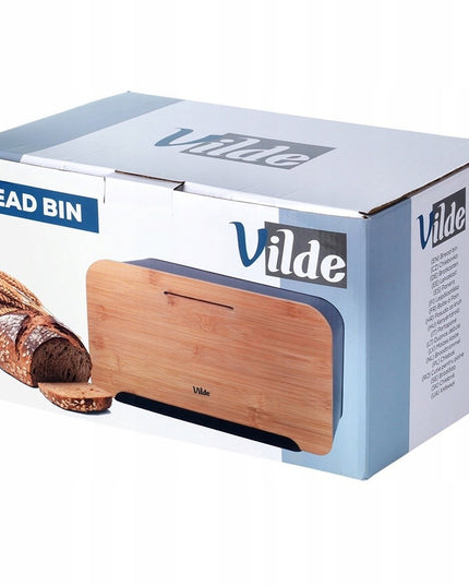 Juoda metalinė medinė duoninė, uždaromas indas duonai ir bandelėms