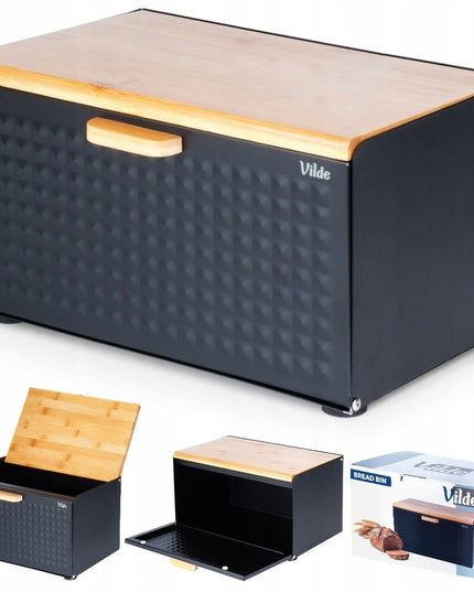 Juoda metalinė medinė duoninė, uždaromas indas duonai ir bandelėms