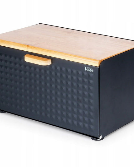 Juoda metalinė medinė duoninė, uždaromas indas duonai ir bandelėms