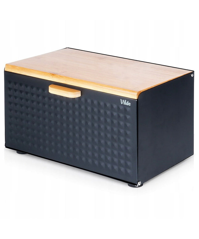 Juoda metalinė medinė duoninė, uždaromas indas duonai ir bandelėms