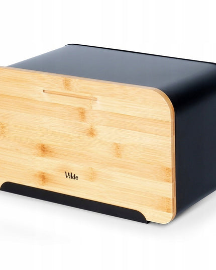 Juoda metalinė medinė duoninė, uždaromas indas duonai ir bandelėms