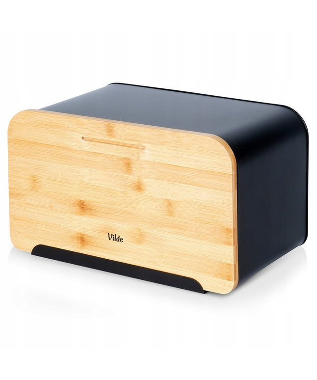 Juoda metalinė medinė duoninė, uždaromas indas duonai ir bandelėms