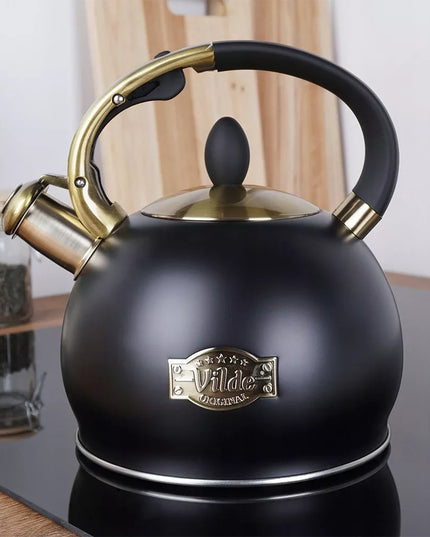 Tradicinis arbatinukas su švilpuku vandeniui virti ant dujinės ir indukcinės viryklės, juodas, 3L