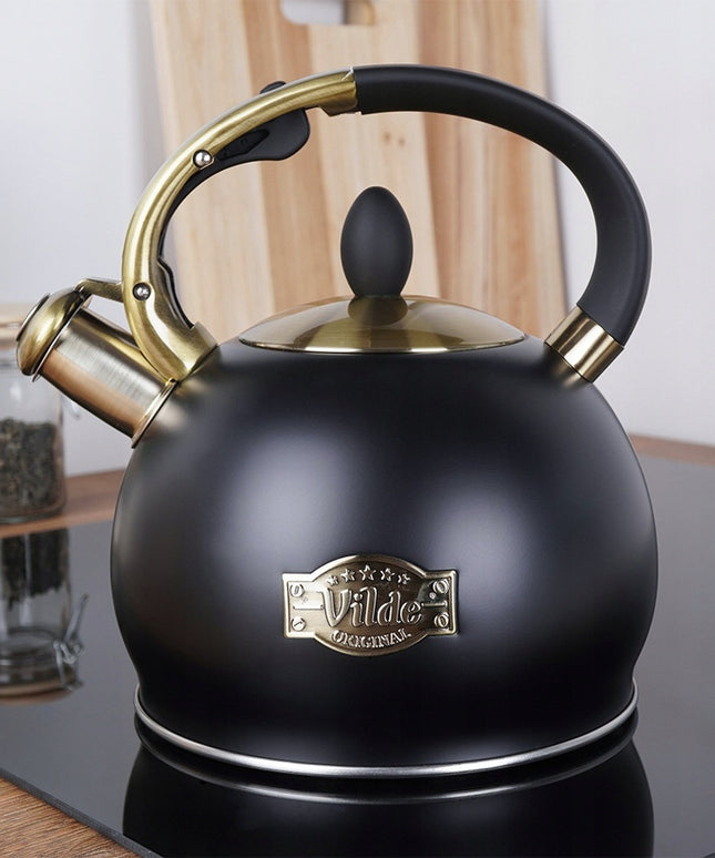 Tradicinis arbatinukas su švilpuku vandeniui virti ant dujinės ir indukcinės viryklės, juodas, 3L