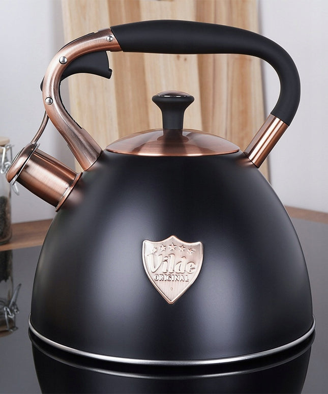Tradicinis arbatinukas su švilpuku vandeniui virti ant dujinės ir indukcinės viryklės, juodas, 3L
