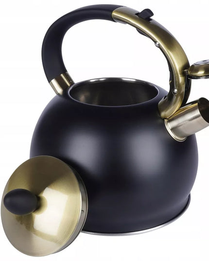 Tradicinis arbatinukas su švilpuku vandeniui virti ant dujinės ir indukcinės viryklės, juodas, 3L