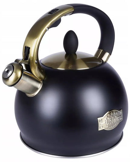 Tradicinis arbatinukas su švilpuku vandeniui virti ant dujinės ir indukcinės viryklės, juodas, 3L