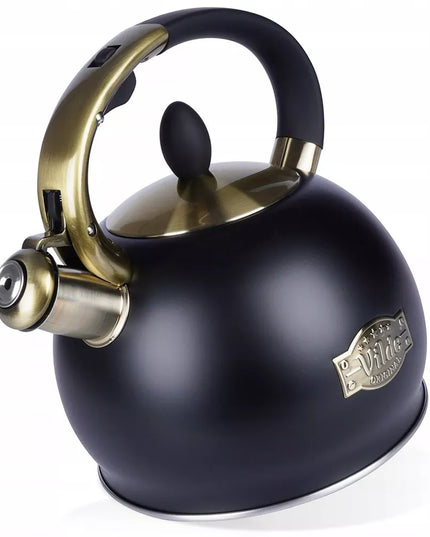 Tradicinis arbatinukas su švilpuku vandeniui virti ant dujinės ir indukcinės viryklės, juodas, 3L