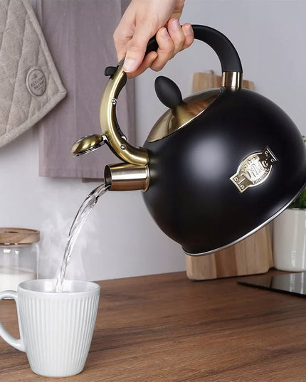Tradicinis arbatinukas su švilpuku vandeniui virti ant dujinės ir indukcinės viryklės, juodas, 3L