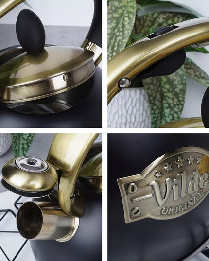 Tradicinis arbatinukas su švilpuku vandeniui virti ant dujinės ir indukcinės viryklės, juodas, 3L