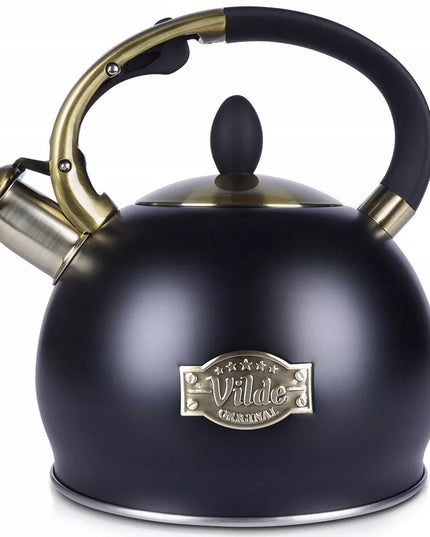 Tradicinis arbatinukas su švilpuku vandeniui virti ant dujinės ir indukcinės viryklės, juodas, 3L