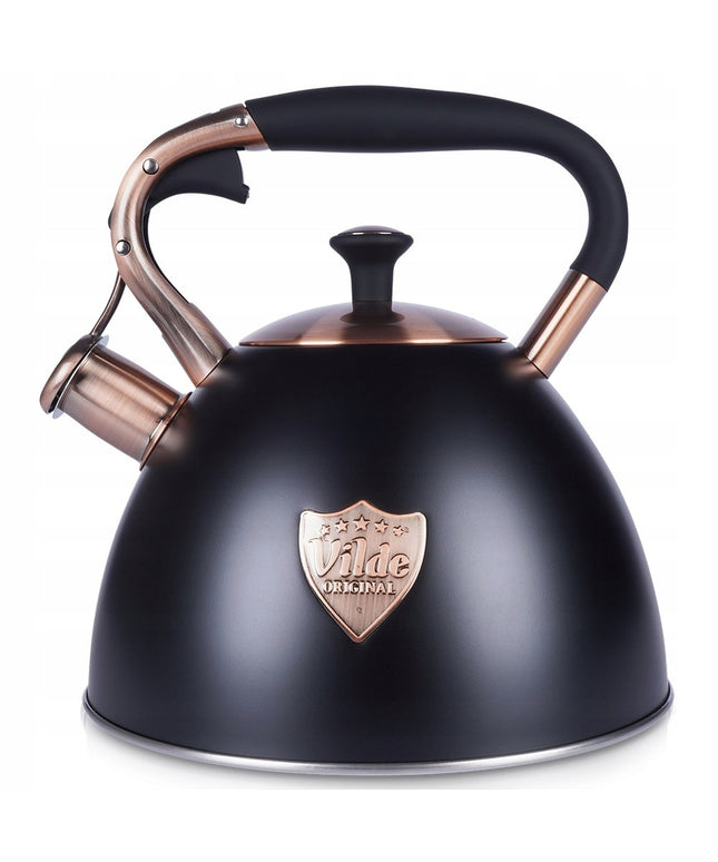 Tradicinis arbatinukas su švilpuku vandeniui virti ant dujinės ir indukcinės viryklės, juodas, 3L