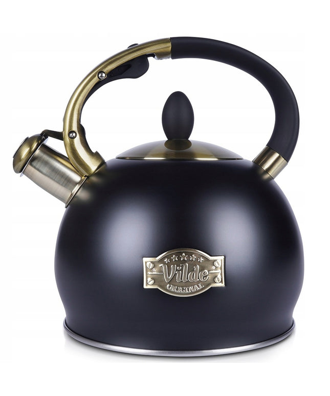 Tradicinis arbatinukas su švilpuku vandeniui virti ant dujinės ir indukcinės viryklės, juodas, 3L