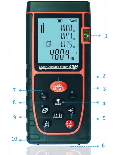 Lazerinis atstumo matuoklis skaitmeninis kampainis (inclinometras) matuoklis, gulsčiukas, atmintis 40m