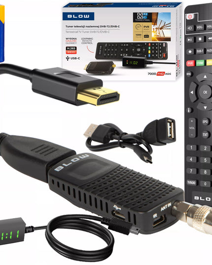 Televizijos imtuvas DVB-T2 HEVC H.265 FULL HD MINI STICK su nuotolinio valdymo pulteliu ir baterijomis
