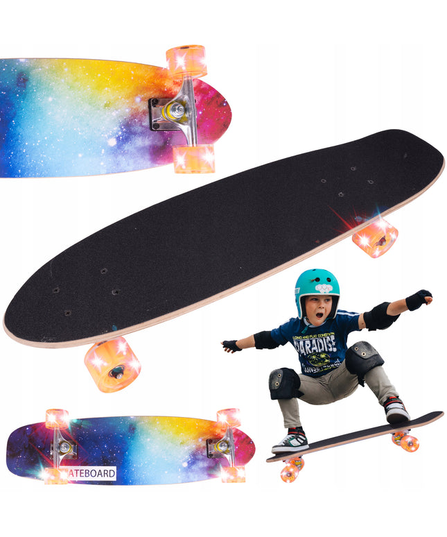 Medinė riedlentė vaikams, šviečiantys 6cm LED ratai ABEC-7, tvirta