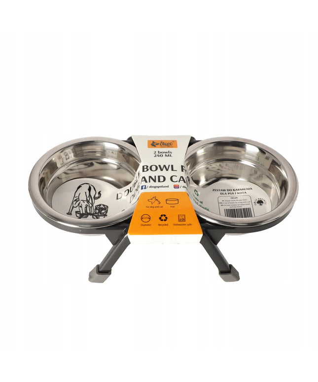 DINGO metaliniai dubenėliai ant perdirbto plastiko stovo šunims ir katėms 11,5 cm, 0,24 l x 2
