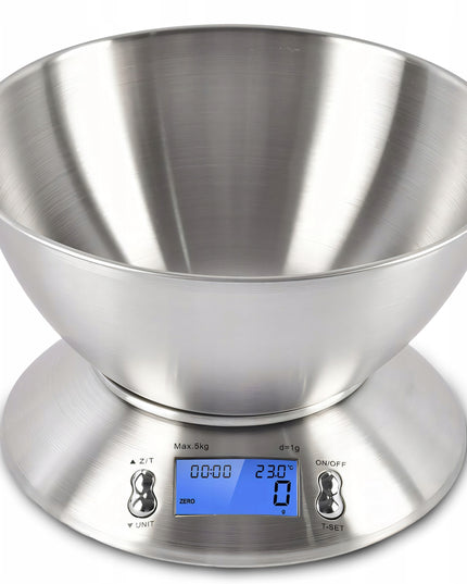 Tikslios elektroninės virtuvinės svarstyklės su dubeniu, 1g-5kg, nerūdijančio plieno (INOX), laikmatis, termometras