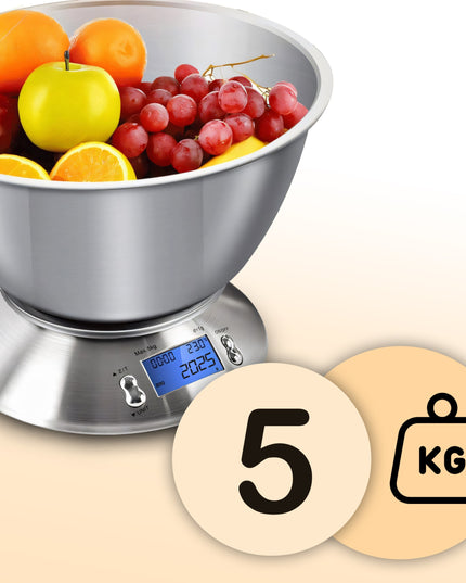 Tikslios elektroninės virtuvinės svarstyklės su dubeniu, 1g-5kg, nerūdijančio plieno (INOX), laikmatis, termometras