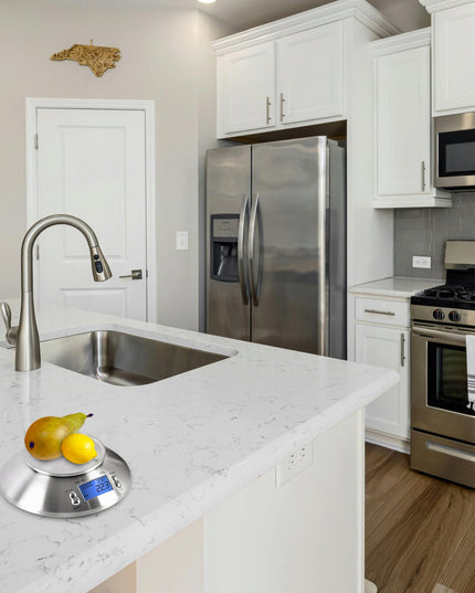 Tikslios elektroninės virtuvinės svarstyklės su dubeniu, 1g-5kg, nerūdijančio plieno (INOX), laikmatis, termometras