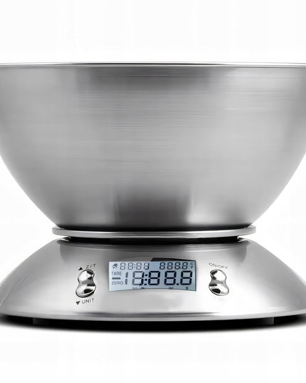 Tikslios elektroninės virtuvinės svarstyklės su dubeniu, 1g-5kg, nerūdijančio plieno (INOX), laikmatis, termometras