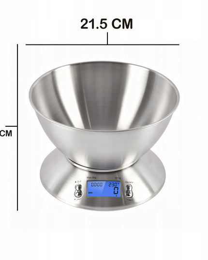 Tikslios elektroninės virtuvinės svarstyklės su dubeniu, 1g-5kg, nerūdijančio plieno (INOX), laikmatis, termometras