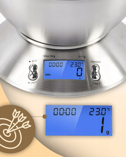 Tikslios elektroninės virtuvinės svarstyklės su dubeniu, 1g-5kg, nerūdijančio plieno (INOX), laikmatis, termometras