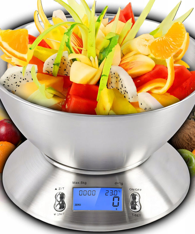 Tikslios elektroninės virtuvinės svarstyklės su dubeniu, 1g-5kg, nerūdijančio plieno (INOX), laikmatis, termometras