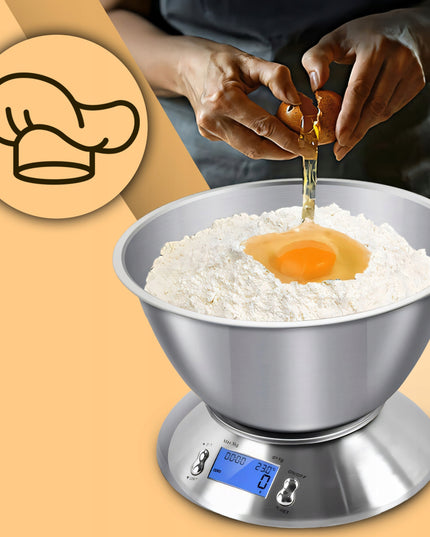 Tikslios elektroninės virtuvinės svarstyklės su dubeniu, 1g-5kg, nerūdijančio plieno (INOX), laikmatis, termometras
