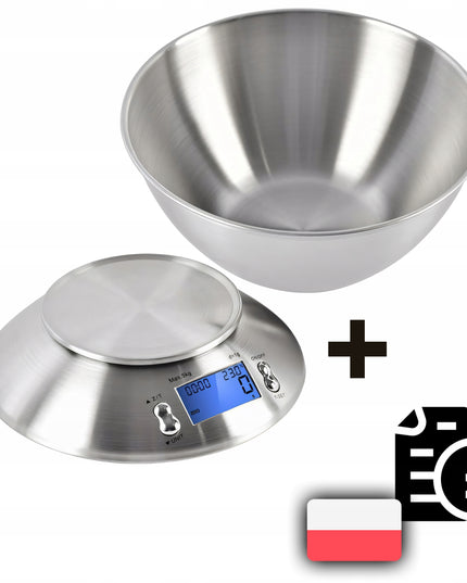 Tikslios elektroninės virtuvinės svarstyklės su dubeniu, 1g-5kg, nerūdijančio plieno (INOX), laikmatis, termometras