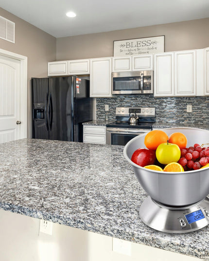 Tikslios elektroninės virtuvinės svarstyklės su dubeniu, 1g-5kg, nerūdijančio plieno (INOX), laikmatis, termometras