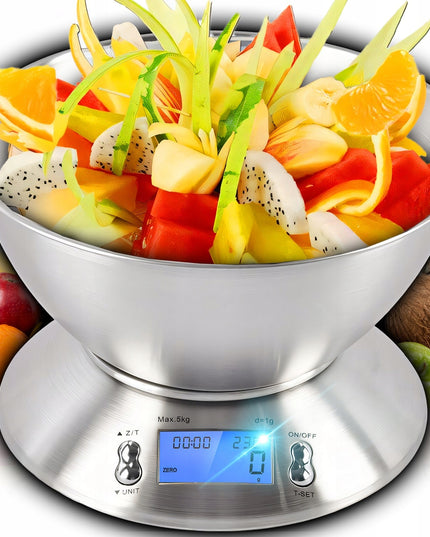 Tikslios elektroninės virtuvinės svarstyklės su dubeniu, 1g-5kg, nerūdijančio plieno (INOX), laikmatis, termometras