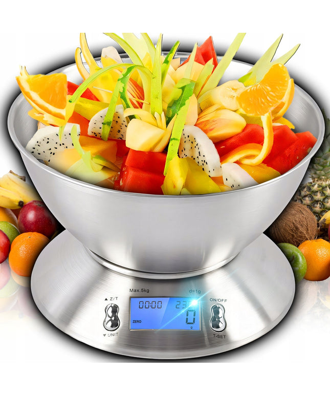 Tikslios elektroninės virtuvinės svarstyklės su dubeniu, 1g-5kg, nerūdijančio plieno (INOX), laikmatis, termometras