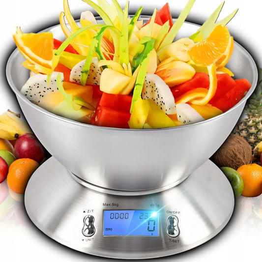 Tikslios elektroninės virtuvinės svarstyklės su dubeniu, 1g-5kg, nerūdijančio plieno (INOX), laikmatis, termometras