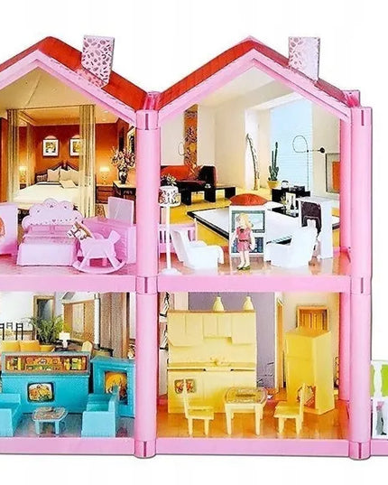 HollaKids lėlių namelis su 6 kambariais, terasa, baldais ir figūrėlėmis, 136 dalių