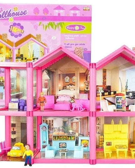 HollaKids lėlių namelis su 6 kambariais, terasa, baldais ir figūrėlėmis, 136 dalių