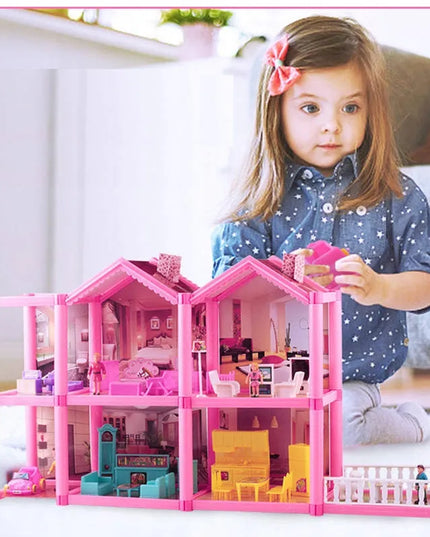 HollaKids lėlių namelis su 6 kambariais, terasa, baldais ir figūrėlėmis, 136 dalių