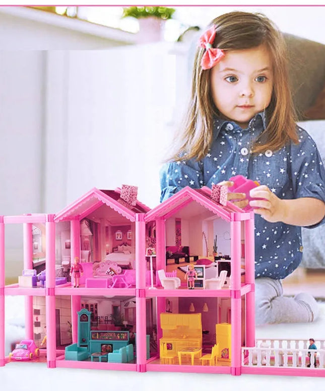 HollaKids lėlių namelis su 6 kambariais, terasa, baldais ir figūrėlėmis, 136 dalių