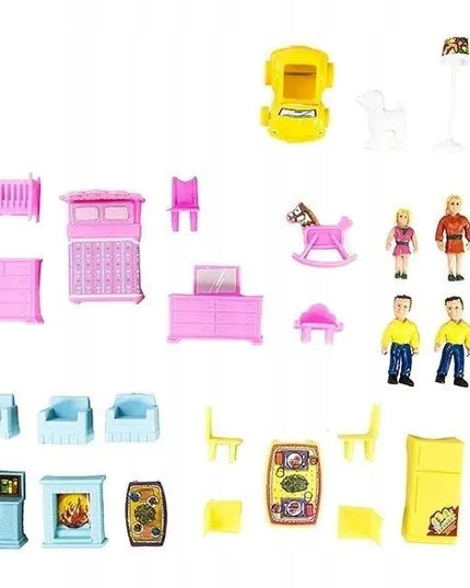 HollaKids lėlių namelis su 6 kambariais, terasa, baldais ir figūrėlėmis, 136 dalių