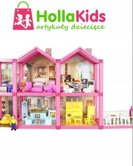 HollaKids lėlių namelis su 6 kambariais, terasa, baldais ir figūrėlėmis, 136 dalių