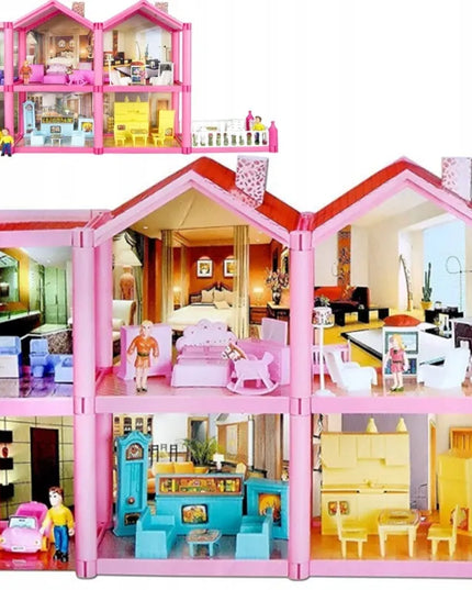 HollaKids lėlių namelis su 6 kambariais, terasa, baldais ir figūrėlėmis, 136 dalių