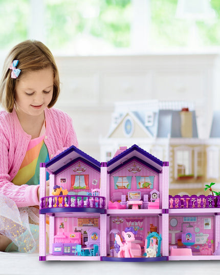 Lėlių namelis poniams VILLA arkliai šuo baldai poniams vaikams rožinis