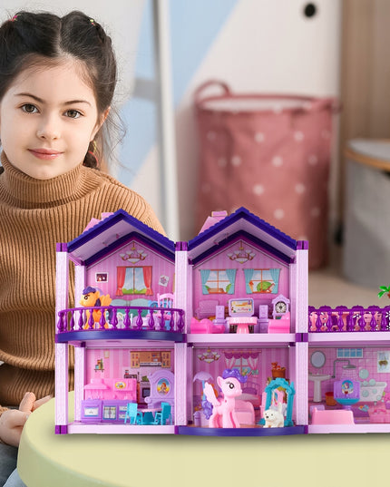 Lėlių namelis poniams VILLA arkliai šuo baldai poniams vaikams rožinis