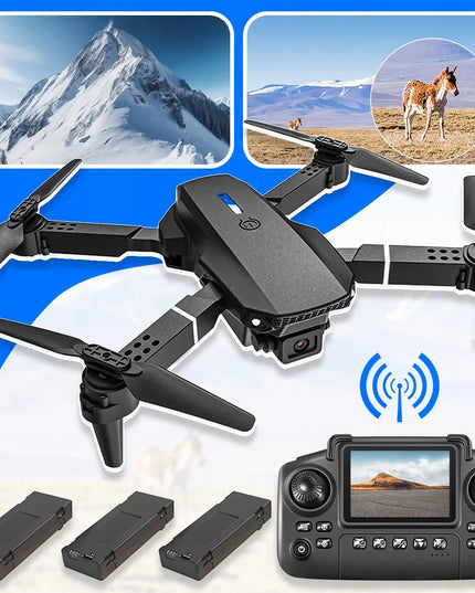 Dronas E88LCD su valdikliu su LCD ekranu, 2 kameromis, 3 akumuliatoriais, „Wi-Fi“, „Optical Flow“, 115 g, veikimo nuotolis iki 250 m