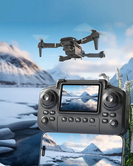 Dronas E88LCD su valdikliu su LCD ekranu, 2 kameromis, 3 akumuliatoriais, „Wi-Fi“, „Optical Flow“, 115 g, veikimo nuotolis iki 250 m