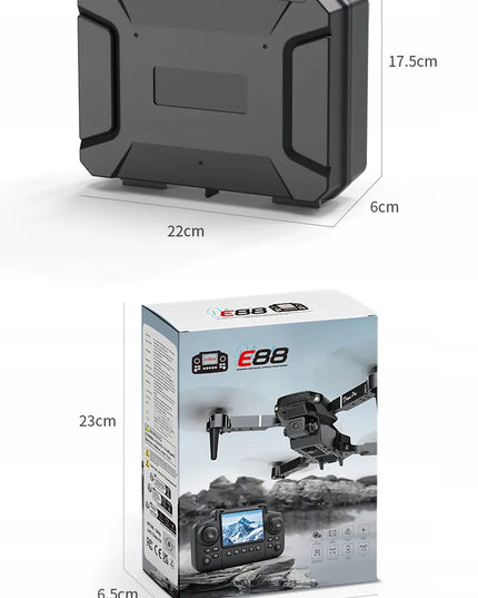 Dronas E88LCD su valdikliu su LCD ekranu, 2 kameromis, 3 akumuliatoriais, „Wi-Fi“, „Optical Flow“, 115 g, veikimo nuotolis iki 250 m