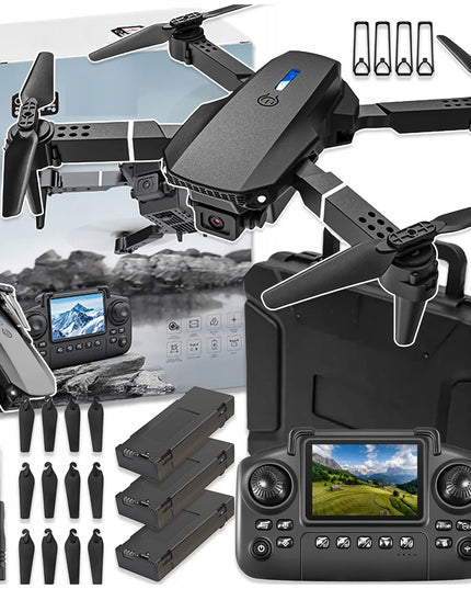 Dronas E88LCD su valdikliu su LCD ekranu, 2 kameromis, 3 akumuliatoriais, „Wi-Fi“, „Optical Flow“, 115 g, veikimo nuotolis iki 250 m